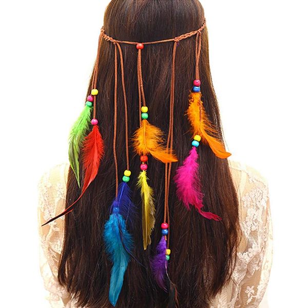 Feather Headband Hippie Indian Boho Hair Bands Tassel Bohemian Halloween Hair Hoop Women Girls Crown Hairband Party Decoration Headdress Cosplay Costume Headwear Headpiece Hair Accessories Orange