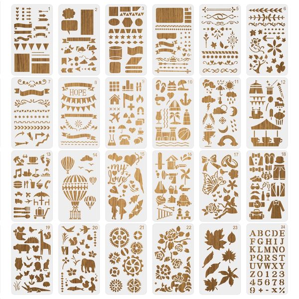 MWOOT 24Pcs Bullet Art Journal Stencils Set, Planner Stencil Drawing Painting Template, Reusable Diary Journaling DIY Accessories for Scrapbook Notebook Log Wood Wall Art Decor (17.8x10.4CM)