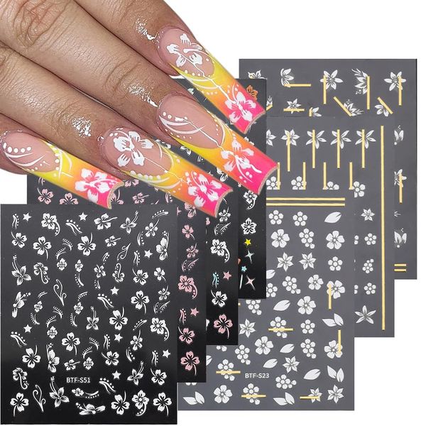 3D Hibiscus Flower Nail Stickers Flowers Nail Decals Summer Nail Art Decoration Pink White Flowers Stickers for Acrylic Nails Tropical Leaves Stickers for Women Nail Art Supplies