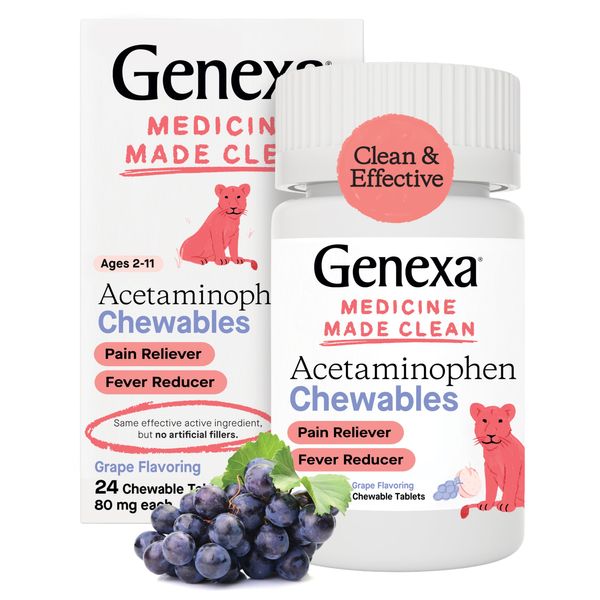 Genexa Kids’ Pain and Fever Reducer | Childrens Acetaminophen, Dye Free, Chewable Tablets for Kids 2-11 | Delicious Organic Grape Flavor | 80 mg | 24 Count