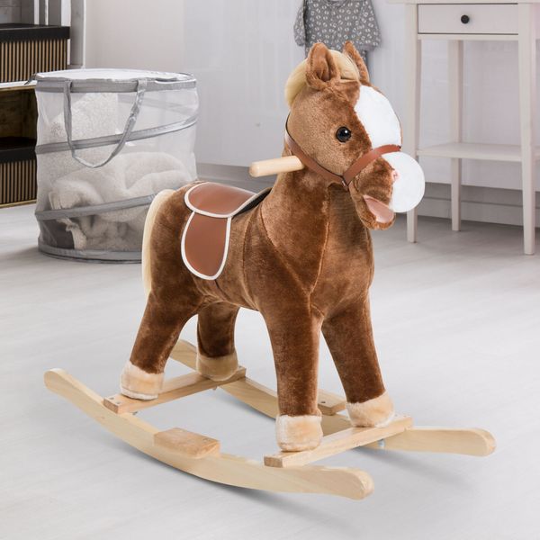 Kids Rocking Plush Horse Ride on Toy Animal Rocker w/ Realistic Sound Brown