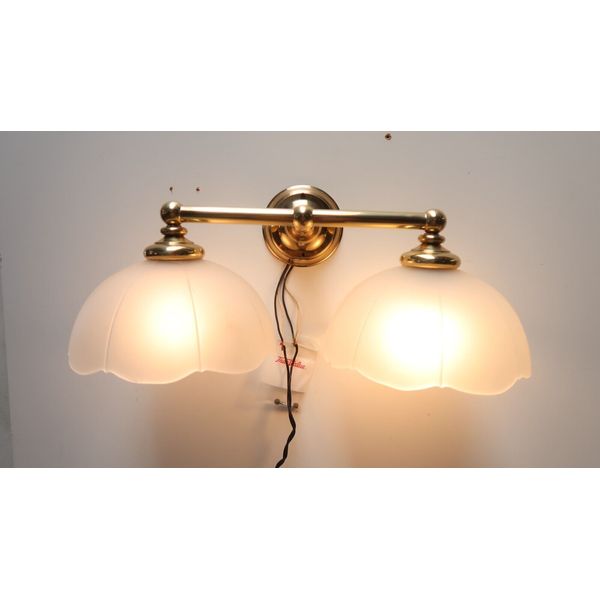 2 Light Brass Light Fixture With Frosted White Glass Lamp Shades Made In Spain