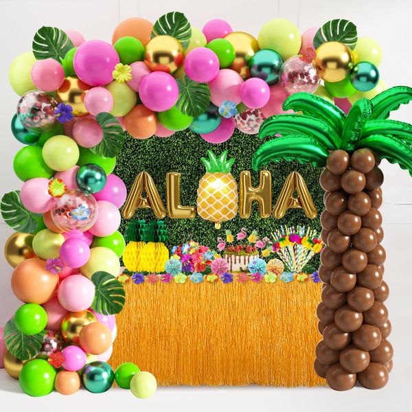 Hawaiian Luau Party Decoration Tropical Aloha Luau Balloons Arch Garland Kit Summer Beach Pool Party Supplies with Coconut Tree Shaped Balloon Set Table Skirt Cake Topper Palm Leaves and Hibiscus