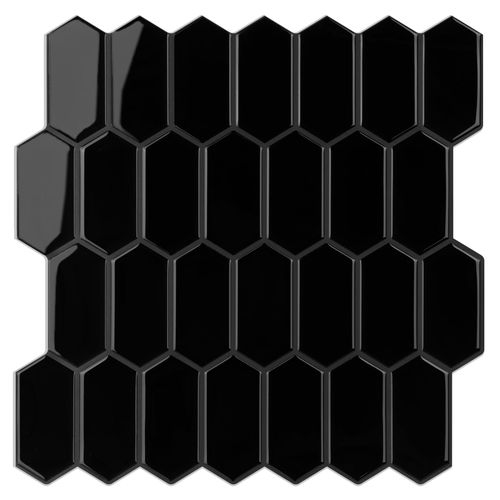 WalDecoo Peel and Stick Tile for Kitchen, Thicker Design 3D Self -Adhesive Long Hexagon Wall Tile Backsplash, Black 10-Sheet 12"x12" Stick on Tiles, Peel and Stick Wall Tiles for Kitchen