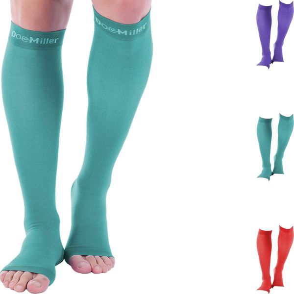 Doc Miller Open Toe Compression Socks Women and Men, Toeless Compression Socks Women, Support Circulation Shin Splints and Calf Recovery, Varicose Veins, 1 Pair (Teal, Large)