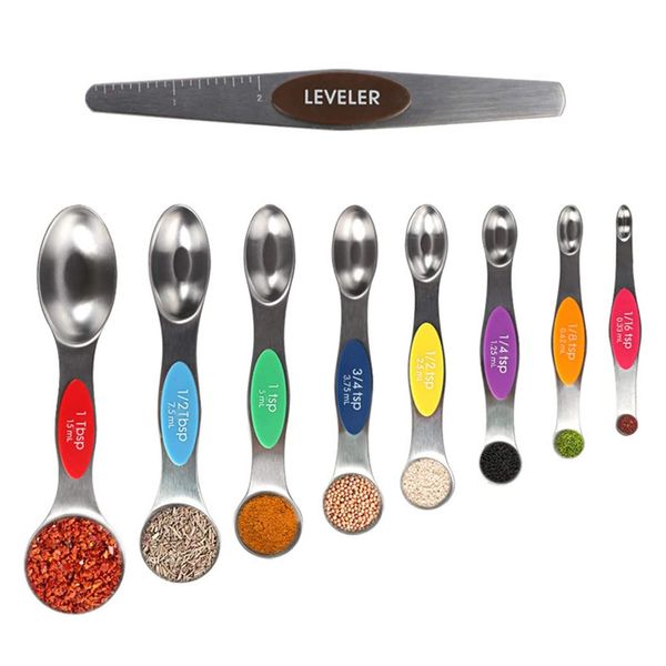 Magnetic Measuring Spoons Sets of 9, ProChosen Dual Sided Stainless Steel Stackable Teaspoon Tablespoon with Colorful Scale and Leveler, Fits in Spice Jars for Measuring Dry and Liquid Ingredients