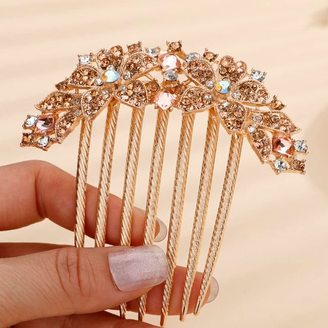 Missgrace Boho Prom Party Shiny Flower Floral Hair Combs Blue Pink Purple Bridal Wedding Hair Crystal Rhinestones Women Hair Side Combs Hair Accessories for Women (Champagne)