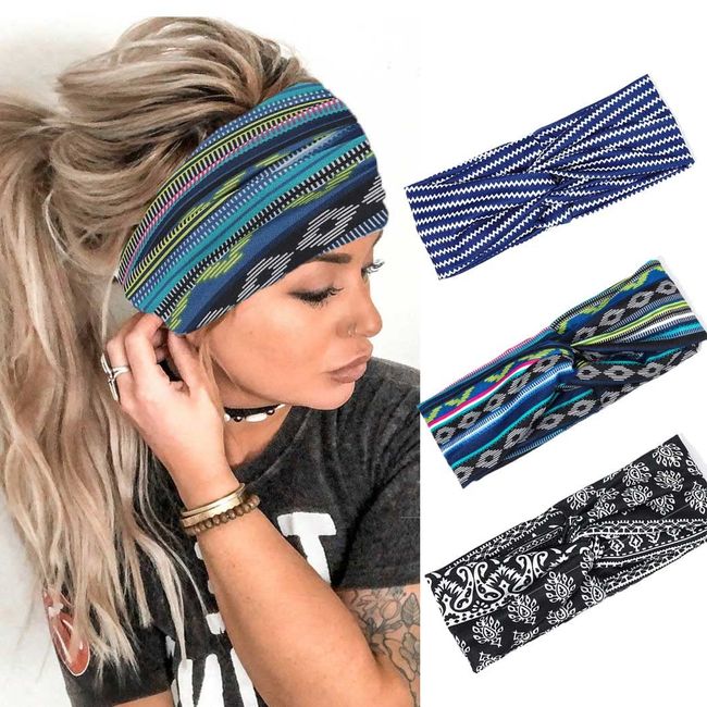 Zoestar Boho-Stirnbänder mit Kreuzmuster, gestreift, Yoga, Kopftuch, verdreht, Bandeau-Kopfwickel, Vintage-Stil, stilvolle Haarbänder, elastisch, modisch, Haarschmuck für Frauen und Mädchen (3 Stück)