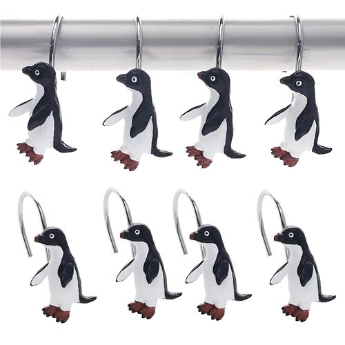 YRMLYMOP Penguin Shower Curtain Hooks- Set of 12 Penguin Decorative Shower Shower Curtain Rings,Penguin Decorative Shower Curtain Hooks Metal Rustproof Cute Animal Bathroom Decoration Accessories