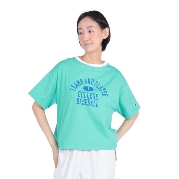 Champion CW-Z313 Short Sleeve T-Shirt, 100% Cotton, Ribbed, Graphic Print, Ringer T-Shirt, Women's Casual, green