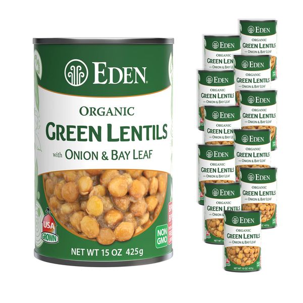 Eden Organic Green Lentils with Onion and Bay Leaf, 15 oz Can (12-Pack Case), Non-GMO, Vegan, Kosher, U.S. Grown, Heat and Serve, Macrobiotic