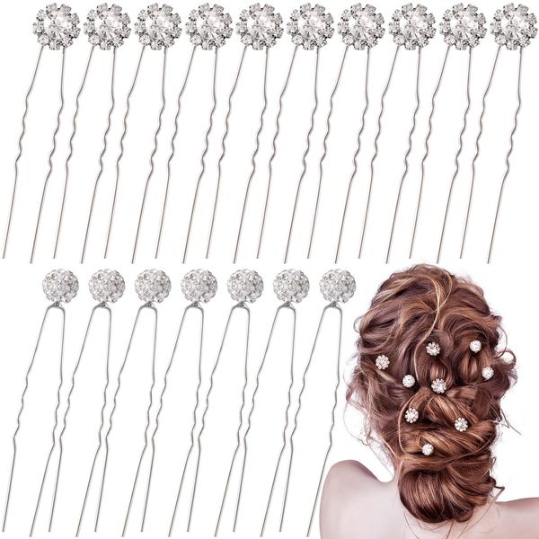 ANCIRS 22 Pack Pearl Bridal Wedding Hair Styling Pins, Crystal Sparkling Bride Head Piece, U Shape Bling Rhinestone Flower Hair Accessories for Women Girls Wedding- 12 Silver & 10 White Beads