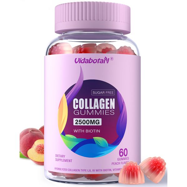 vidabotan Sugar Free Collagen Gummies for Women, Super Strength 2500mg Hydrolyzed Collagen Peptides Gummies with Biotin,Vitamin D3,E,C,B12,Zinc,Natural Peach Flavor,60 Gummies