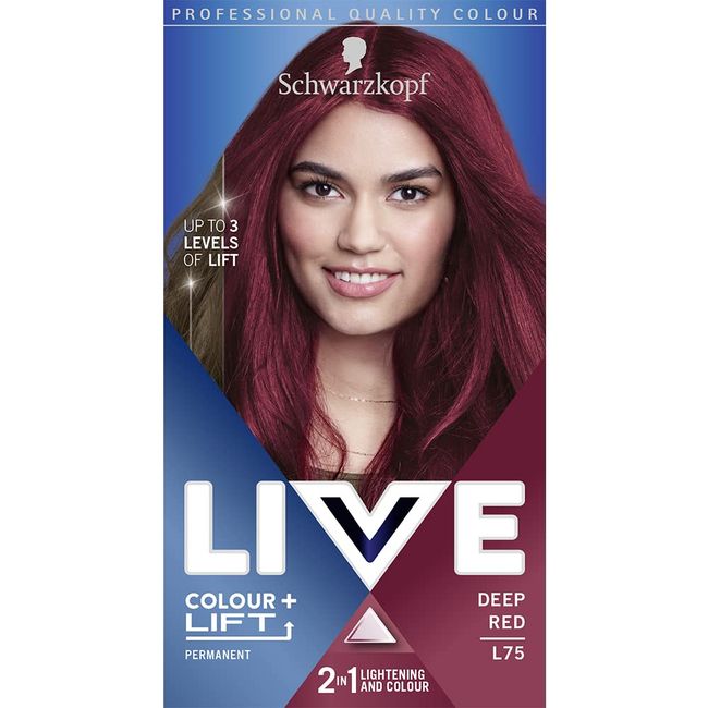 Schwarzkopf LIVE Colour + Lift, Long-Lasting Permanent Red Hair Dye, Lightens Up To 3 Levels, Deep Red L75