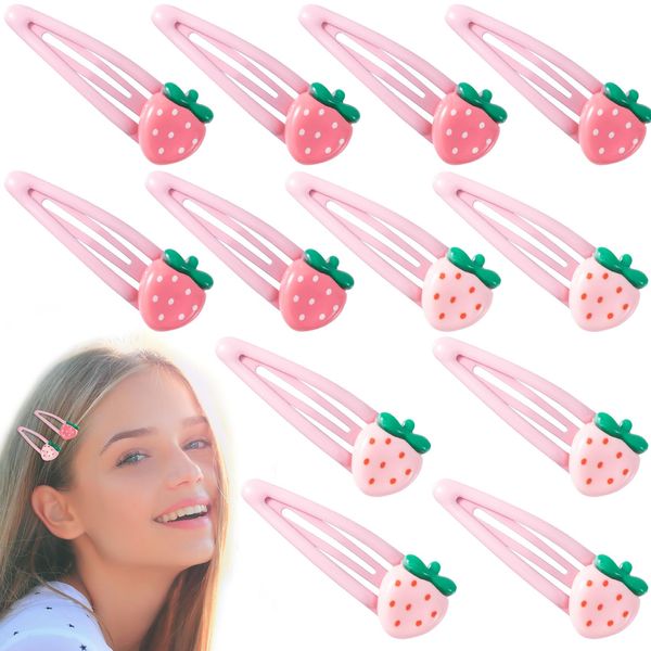 PAGOW 12 Pcs Strawberry Hair Clips, Y2K Pink Cute Hair Barrettes, Fruit Cutecore Hair Accessories, Decorative Metal Snap Hair Clips for Women