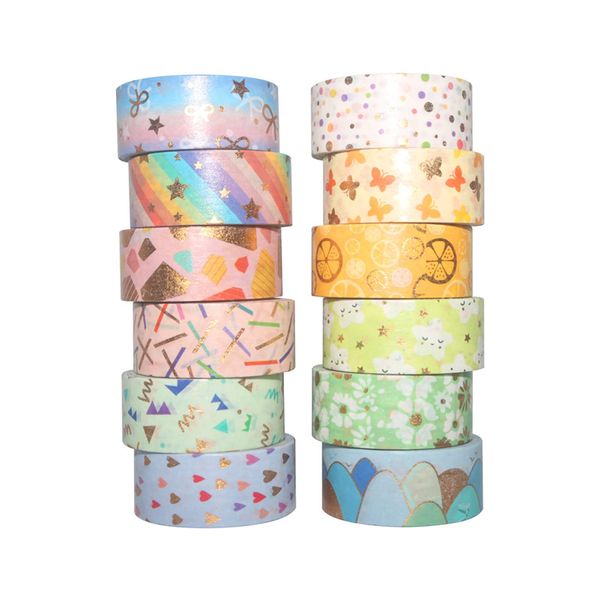 Fyfjur 12 Rollen Washi Tape Set, Klebeband Bunt Basteln Kinder, dekoratives Masking Washi-Tape für Scrapbooking, Farbcodieren Kartons, Beschreibbare Regenbogen Farbig Deko Klebeband Klebestreifen