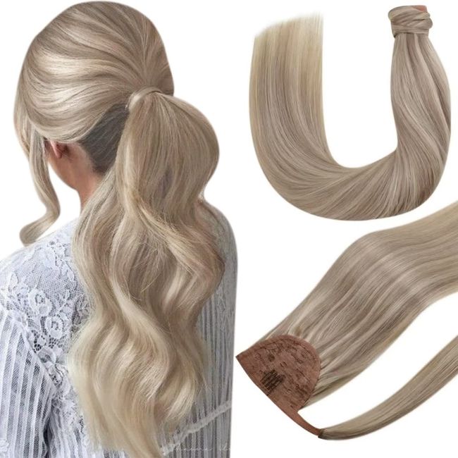 Hetto 20 Inch Ponytail Hair Extensions Blonde Human Hair Ponytail Hair Extensions Wrap Around Ponytail Extensions Remy Human Hair #17/23 Medium Blonde Highlighted 100g