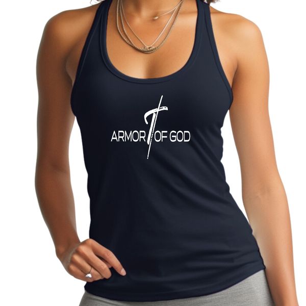 Womens Fitness Tank Top Graphic T-shirt Armor of God Cross - Navy / XS