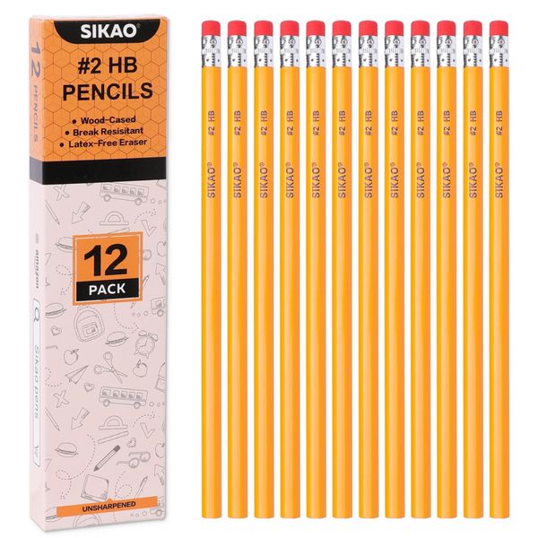 Sikao 12 Pack Pencils #2 Wood Pencils Bulk for Classroom, Wooden Pencils, Number 2 Pencils, No 2 Pencils with Erasers, Yellow HB Pencil for Kids Sketching Drawing School Teacher Supplies