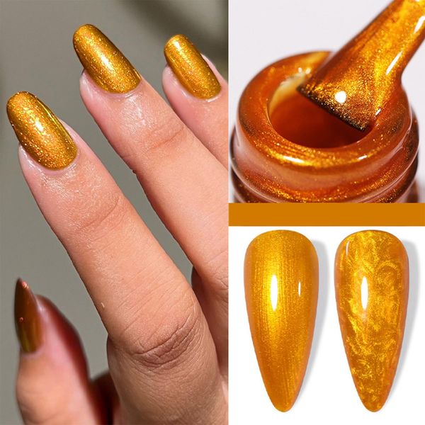 Glitter Gel Nail Polish, Gold Chrome UV Gel Nail Polish, Metallic Shell Gel Polish, Long Lasting, Chip Resistant (Requires Drying Under UV LED Lamp/7ml)