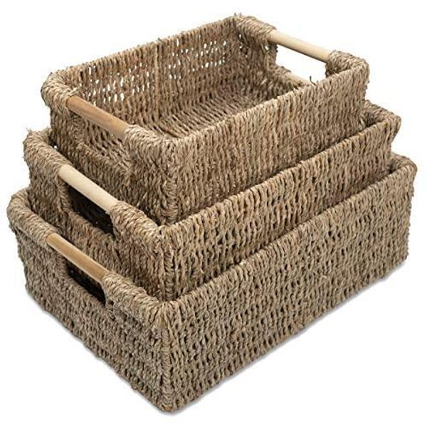 VATIMA Seagrass Baskets with Wooden Handles, Set of 3 Decorative Natural Wicker