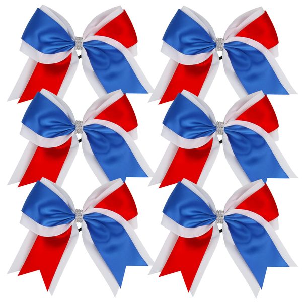 Cheerleader Bows 8 Inch 3 Colors 2 Layers 6 Pcs Jumbo Ponytail Holder Cheerleading Bows for High School College Hair Elastic Hair Tie (Royal Blue/Red)