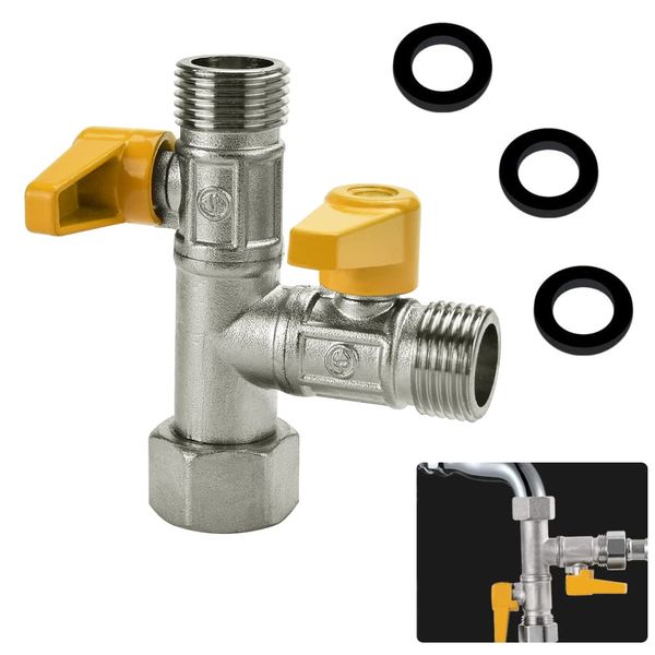 WENRERO G1/2" T-Adapter Adapterventil Messing Umstellventil G 1/2" Duscharm Umschaltventil 3 Wege Umschaltventil Dusche Adapter mit 3 Stück Unterlegscheibe für Küche, Badezimmer