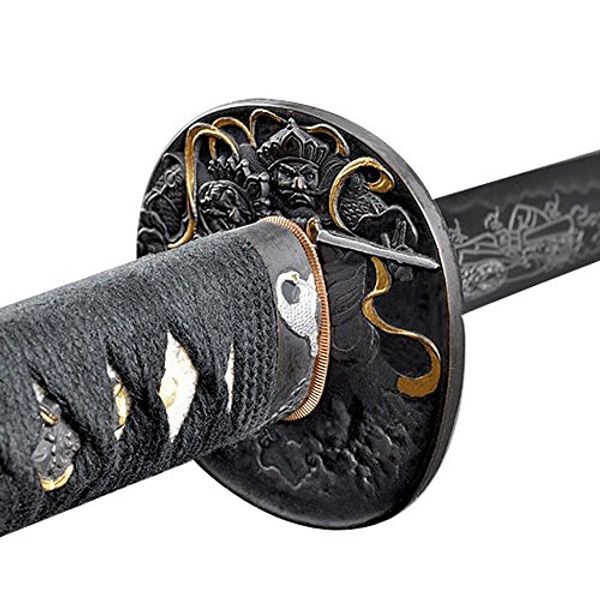 Handmade Sword - Samurai Katana Sword, Battle Ready, Hand Forged, 1045 Carbon Steel, Heat Tempered, Full Tang, Sharp, Fudo Myoo Tsuba, Fudo Myoo Engraving on The Blade, Red/Black Wooden Scabbard