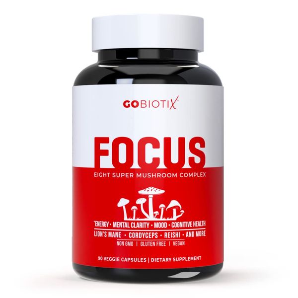 GOBIOTIX Focus Mushroom Supplement with Lions Mane, Cordyceps, Reishi, Chaga, Maitake + More - Adaptogen, Nootropic Brain Booster Pills for Memory, Clarity, Energy, Immune Support, 90 Capsules