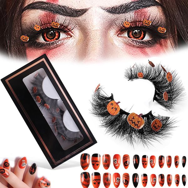 Halloween Magnetische Wimpern und 24 Stück Press On Nails, Kürbis Wimpern, Kürbis Halloween French Näge zum Aufkleben, Halloween Fingernägel zum Aufkleben Halloween-Nagelset Set für Halloween