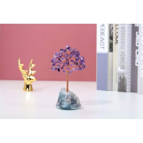 CrystalTears Amethyst Crystal Tree Natural Reiki Healing Crystals Gemstone Bonsai Money Trees Wrapped on Fluorite Crystals Stone Base Feng Shui Crystal Gift for Christmas Home Decor 4.7"-5.1"