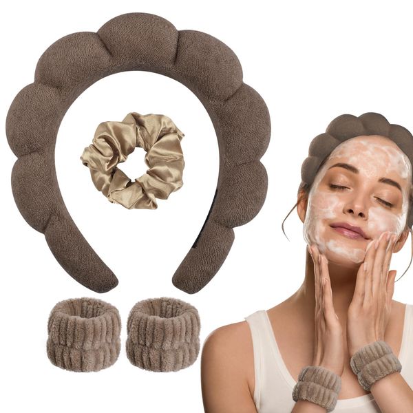 WD&CD Stirnband, Damen Spa Haarband Haarband, Make up Stirnband Handgelenk Waschband Set für Hautpflege, Gesichtsreinigung, Dusche-Dunkelbraun