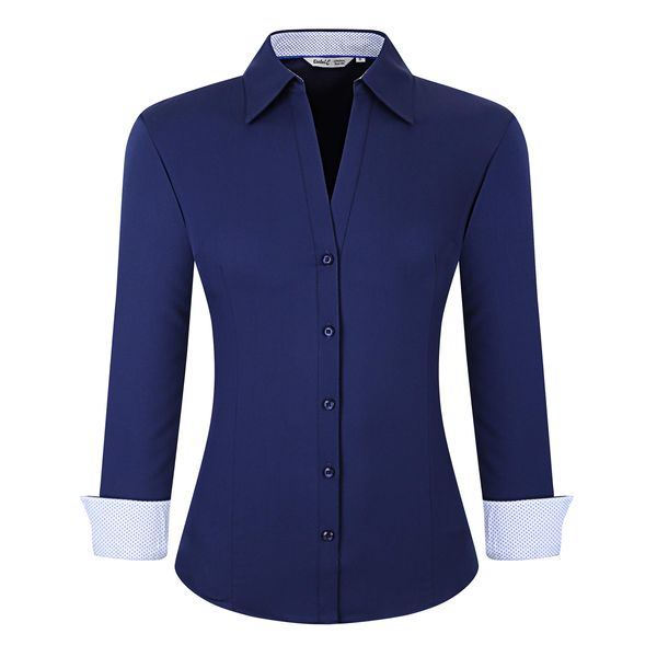 Womens Button Down Shirts Long Sleeve Regular Fit Bamboo Stretch Work Blouse Navy L