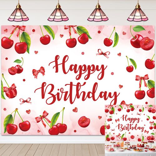Cherry Happy Birthday Backdrop Coquette Bow Birthday Photography Background Red Coquette Cherry Party Decorations Banner for Girls Women Fruit Themed Party Supplies (8x6FT: 96x72 inch)