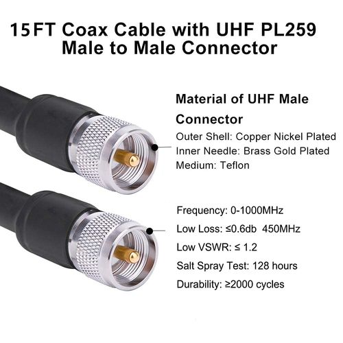 MOOKEERF 15ft UHF Coax Cable, PL259 Male to Male, Low Loss for HAM, VHF Radios & SWR Meter