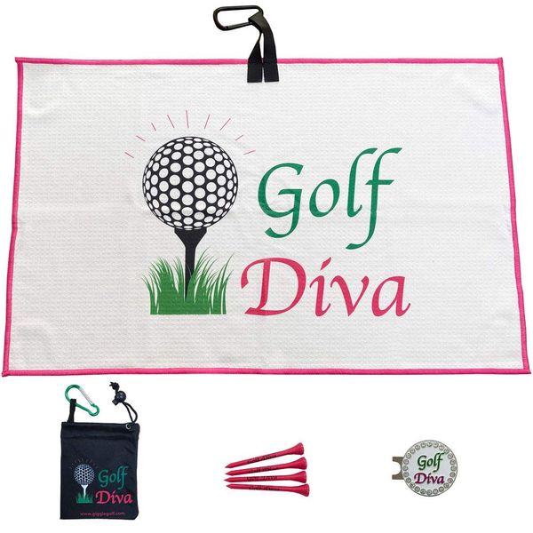 Giggle Golf Par 3 Kit includes a Golf Towel Waffle Material, Tee Bag with 4 Tees, and Bling Golf Ball Marker with Hat Clip - Golf Accessories - Perfect Golf Gift for Women (Golf Diva)