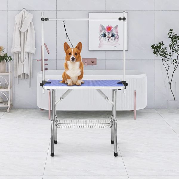 SoarFlash Pet Dog Grooming Table Foldable,Heavy Duty Foldable Pet Grooming Table with Arm & Noose & Mesh Tray, Maximum Capacity Up to 330lbs, 42inch, Blue