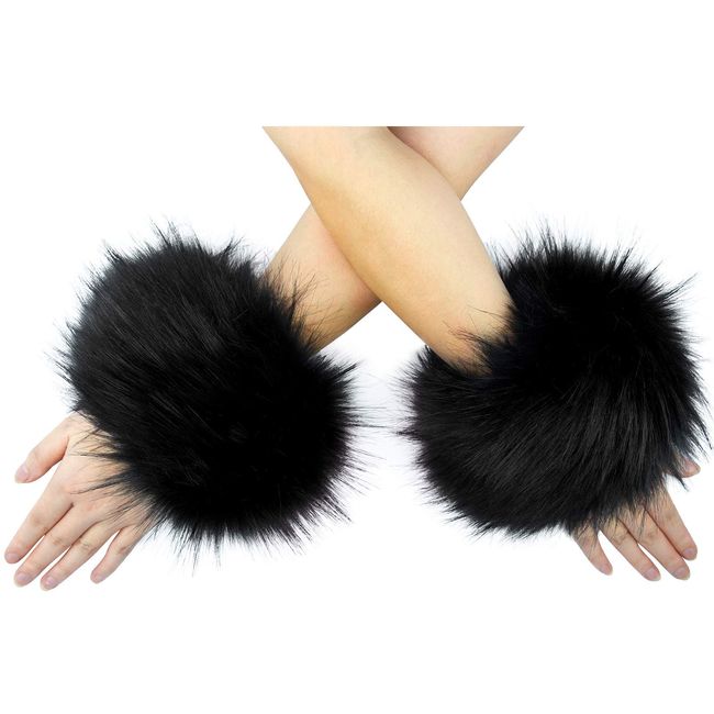 Tongcloud Women's Faux Fur Wrist Cuffs Wrist Warmers Faux Fur Arm Cuffs Winter Warm Warmers for Women Party Costumes Gifts (Black, 2)