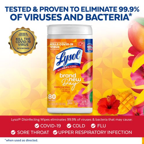 Lysol Disinfecting Wipes, Mango & Hibiscus, Pack of 6, 80ct