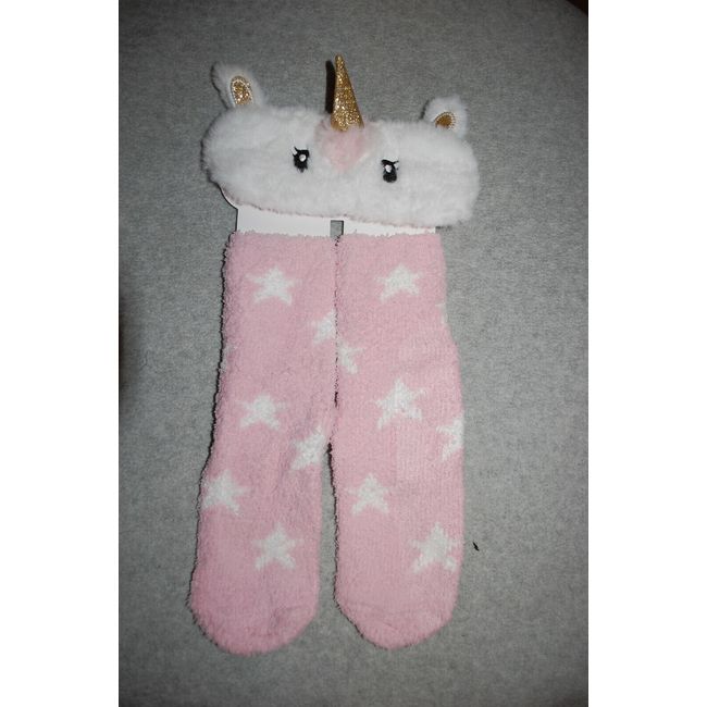 Sleep Eye Mask & Fuzzy Cozy House Socks UNICORN Gold Glitter Horn PINK WHITE