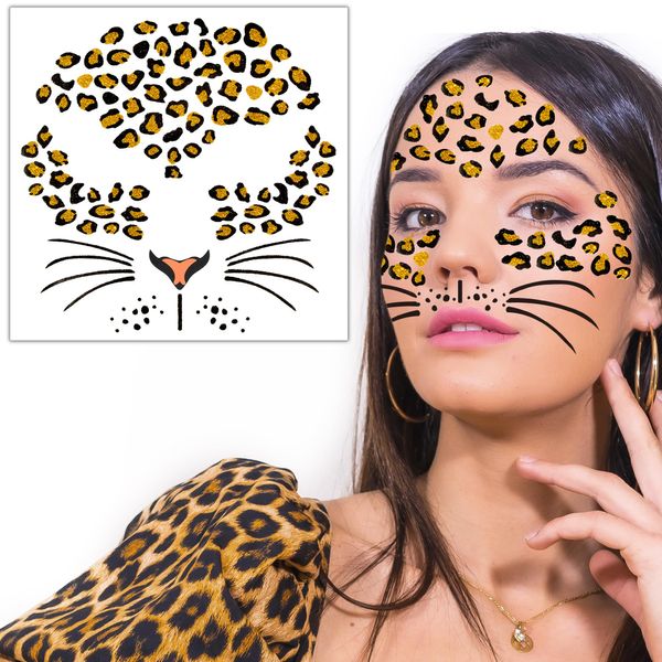 Leopard Print Temporary Tattoos, Glitter Cheetah Cat Leopard Face Stickers Tattoos Leopard Cheetah Cat Costume for Adult Women, Halloween Animal Costume Face Temporary Tattoo Stickers Party Supplies