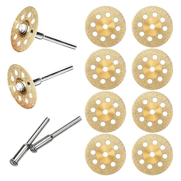 Round Hole Mini Diamond Cutter, Diameter 0.9 inch (22 mm), 10 Pieces, 2 x 0.09 inch (2.35 mm) + 2 3mm Shafts, Diamond Cutting Disc, Diamond Bit Blade Set, Rotary, Polishing Cutter, For Mini Routers, Routers, Gold