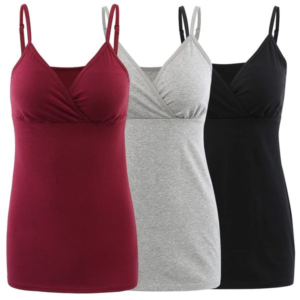 COLOMI Maternity Nursing Tank Tops Built in Bra for Breastfeeding Basic Camisole (S,Black+Grey+Red Wine/3Pack)