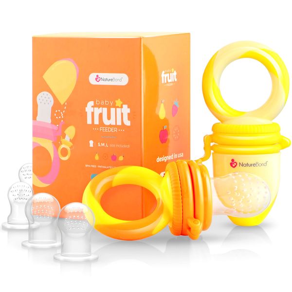 NatureBond Baby Food Feeder/Fruit Feeder Pacifier (2 Pack) - Infant Teething Toy Teether | Includes 6 PCs Silicone Sacs (Sunshine Orange & Lemonade Yellow)