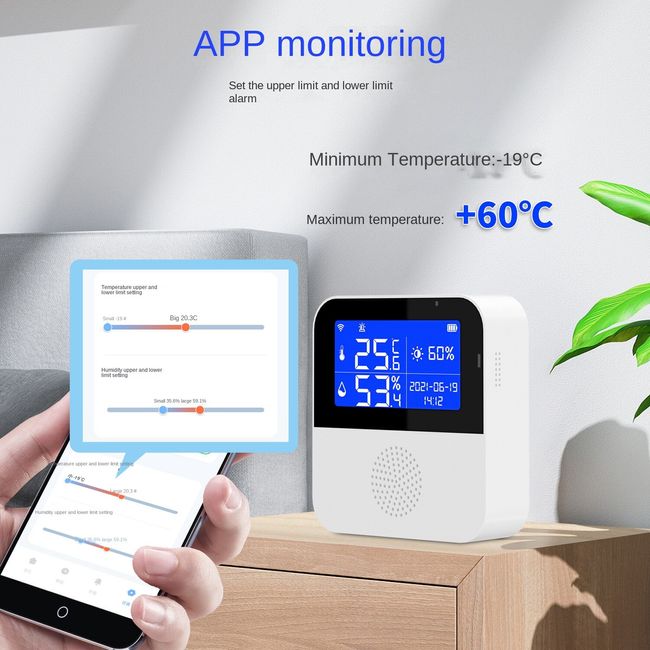 Smart WiFi Thermometer Hygrometer, Indoor Room Digital Temperature Humidity  Sensor with APP Notification Alert, Data Storage, LCD Backlight, WiFi