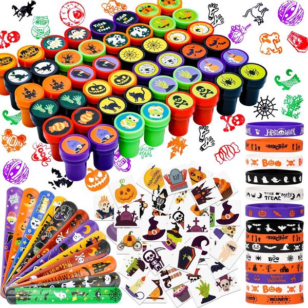 Halloween Party Favors for Kids Toys 264pcs Halloween Prizes Bulk for Kids, Halloween Goody Bag Fillers including Stamper Tattoos Slap Bracelets Rubber Bracelets Treats Non Candy Party Supplies