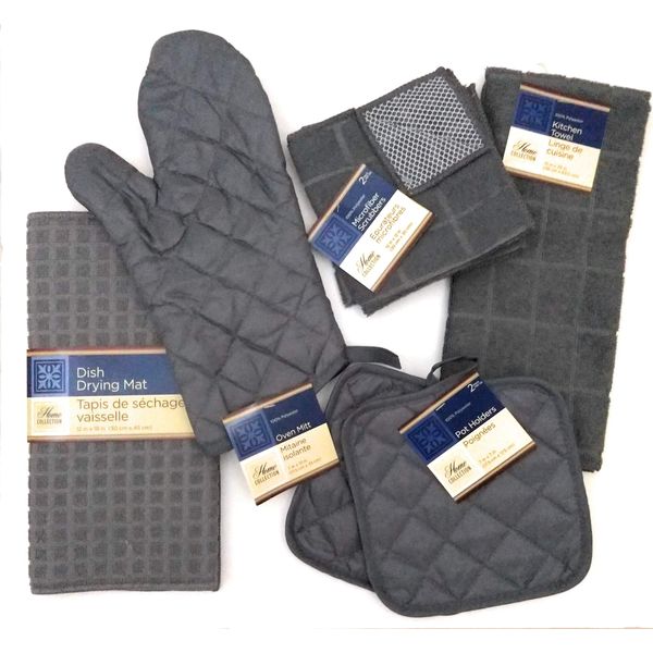 Kitchen Towel Set with 2 Quilted Pot Holders, Oven Mitt, Dish Towel, Dish Drying Mat, 2 Microfiber Scrubbing Dishcloths (Gray)