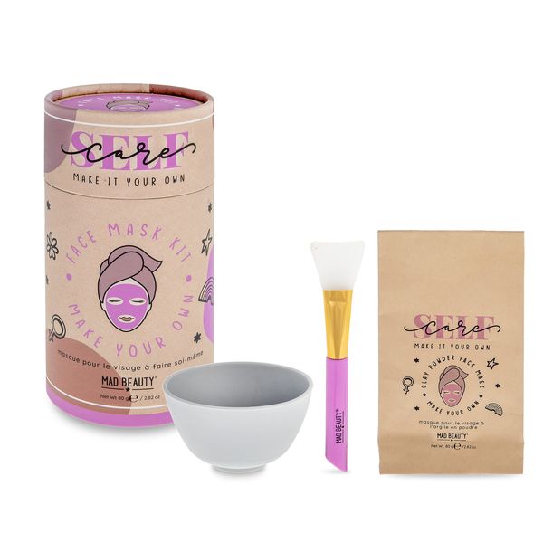 MAD Beauty Make It Your Own Face Mask Set, Self-Care DIY Kit, Lavender Clay Mask Powder Formula, Instructions, Reusable Mixing Bowl, & Silicone Brush