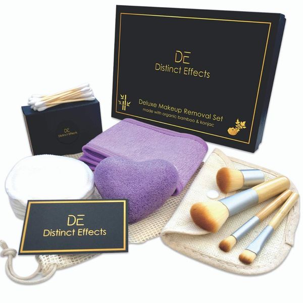 Deluxe Makeup Removal Gift Set for Women - Bamboo Cotton Pads, Buds, Makeup Brushes - Konjac Sponge