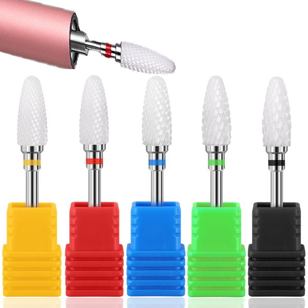 YUEMING 5 pcs Ceramic Nail Drill Bits Set Safety Cuticle Clean Gel Remove 3/32", Professional Grinding Wheel Grinding Head Nail Cutter Tips Set for Manicure Pedicure Nail Care (A)